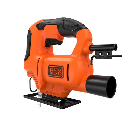 BLACK+DECKER BES603 orange jigsaw with black handle, front angle, visible blade and dust port.