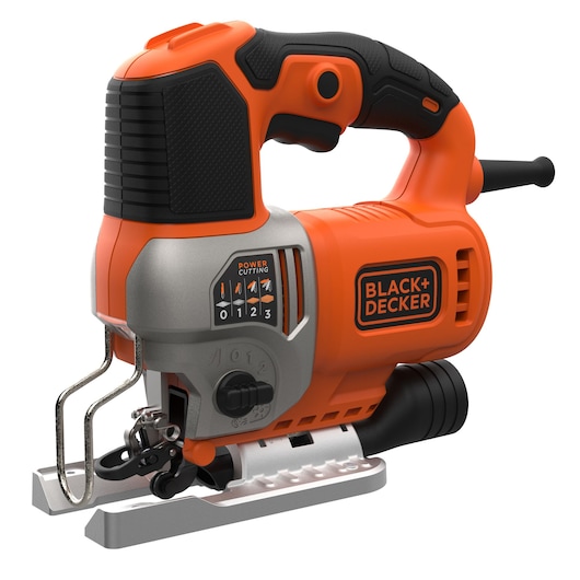 A close-up view of a BLACK+DECKER BES610K jigsaw power tool in orange and black, featuring a comfortable handle, control settings for cutting power, and a sturdy metal base.