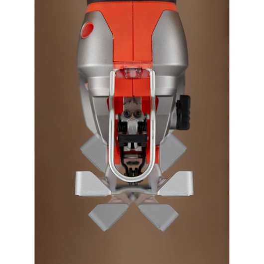 BLACKDECKER BES610K jigsaw front view showing metal blade guard and red and silver body.