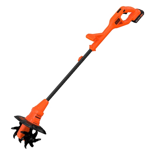 A BLACK+DECKER cordless garden cultivator with an orange handle and black shaft, featuring rotating metal blades for soil cultivation.