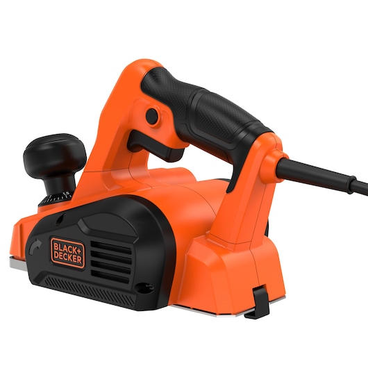 Photo of BLACK+DECKER BEW712 electric planer, orange and black, angled view on white background.