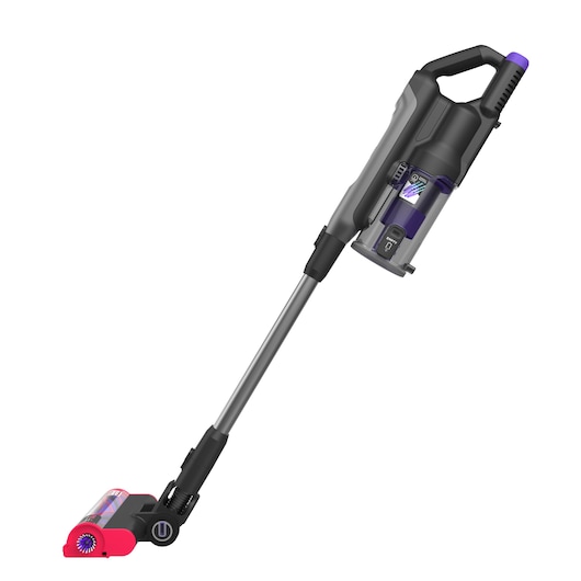 BLACK+DECKER BHFEA640WP cordless stick vacuum cleaner, gray and purple, side angle on white background.