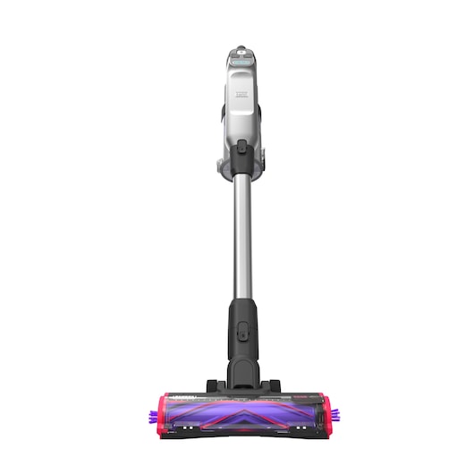 BLACKDECKER BHFEA640WP cordless stick vacuum, front angle, silver and black with purple accents on white background.