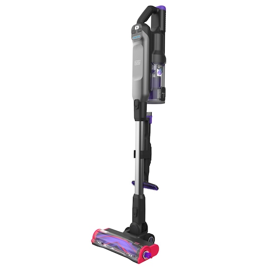 BLACK+DECKER cordless stick vacuum, SKU BHFEA640WP, upright side view, grey and black with purple and pink accents.