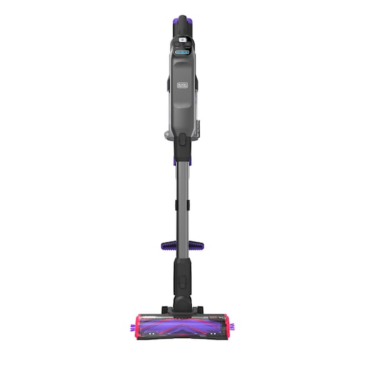 BLACKDECKER BHFEA640WP cordless stick vacuum, grey and purple, front angle on white background.