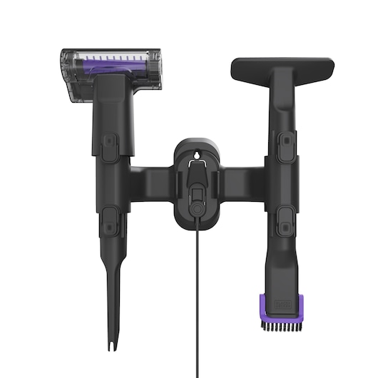 BLACKDECKER BHFEA640WP vacuum cleaner accessory set with three attachments and wall mount, front view on white background.