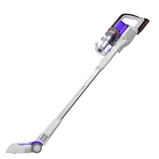 A cordless stick vacuum cleaner with a white and purple design, featuring a transparent dust container and ergonomic handle.