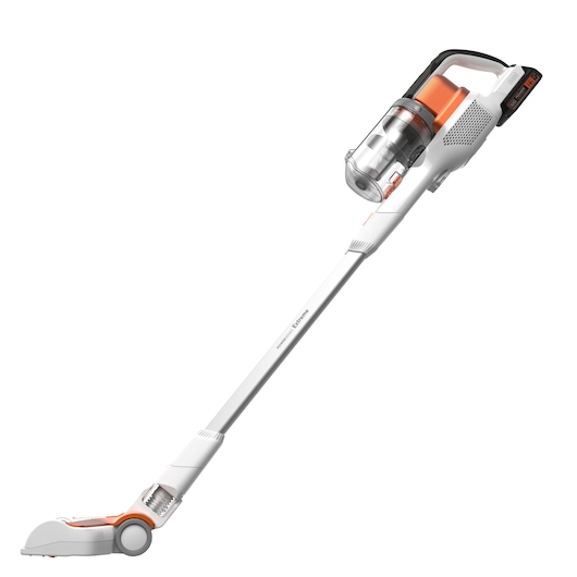 A BLACK+DECKER cordless stick vacuum cleaner, model BHFEV1825C, with a slim white body and orange accents, designed for easy maneuverability and cleaning.