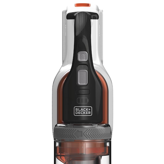 Photo of BLACK+DECKER BHFEV1825C cordless vacuum cleaner front view, black and orange design, close-up.