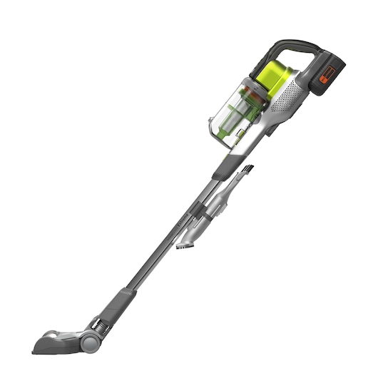 Cordless stick vacuum cleaner with a transparent dust container, green filter, and black handle.