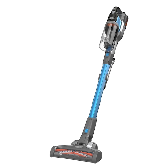 Cordless stick vacuum cleaner with a blue tube and transparent dust container, designed by BLACK+DECKER.