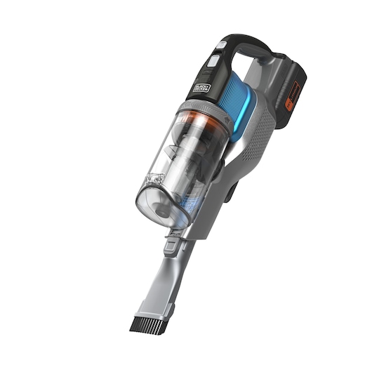 A cordless handheld vacuum cleaner with a transparent dust container, an ergonomic handle, and a slim nozzle attachment. The vacuum is branded BLACK+DECKER and features blue and orange accents.