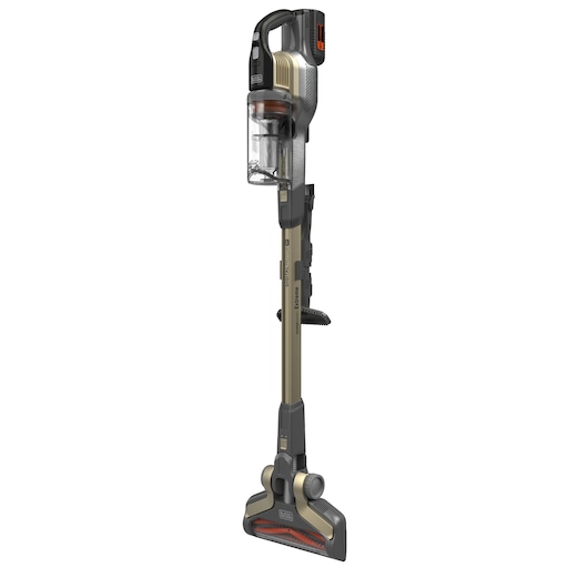 A BLACK+DECKER cordless stick vacuum cleaner with a transparent dust container and gold and black design.