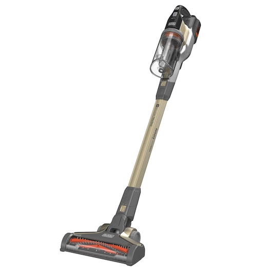 Cordless stick vacuum cleaner by BLACK+DECKER, model BHFEV36B2D, shown with a transparent dust container and gold-colored extension tube.