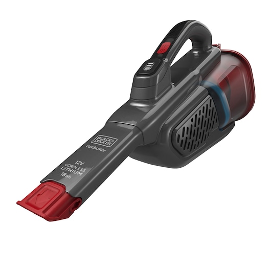 A BLACK+DECKER handheld cordless vacuum cleaner, model BHHV315B, with a long nozzle and red accents, designed for easy cleaning of small areas.