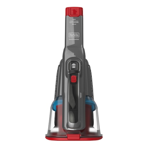 Front view of a BLACK+DECKER handheld cordless vacuum cleaner, model BHHV315B, featuring a gray and red design with visible control buttons and a transparent dust container.