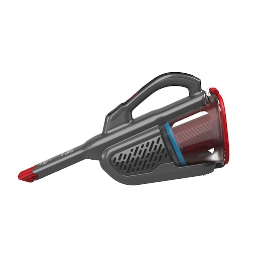 BLACK+DECKER handheld vacuum BHHV315J, side view, grey body with red and blue accents, white background.