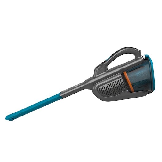 A BLACK+DECKER handheld cordless vacuum cleaner with a long, slim blue nozzle and a sleek grey and orange body, shown on a white background.