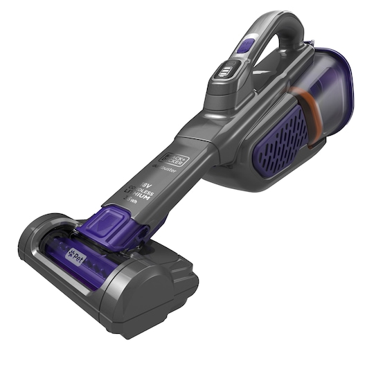 A BLACK+DECKER cordless handheld vacuum cleaner, model BHHV520BFP, featuring a purple and grey design with a brush attachment, shown on a white background.