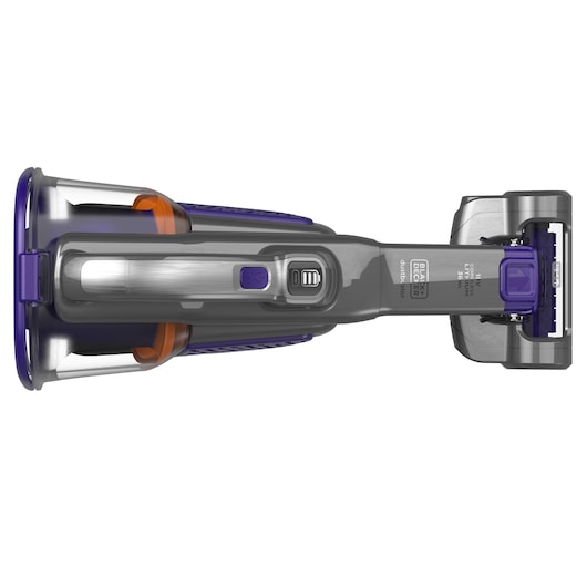 Top view of a BLACK+DECKER handheld vacuum cleaner with purple and orange accents, showing the power button and dust container.