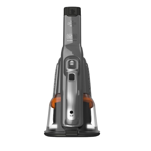 Front view of a BLACK+DECKER handheld cordless vacuum cleaner (model BHHV520JF) with a grey and orange design, shown sitting upright on its base.