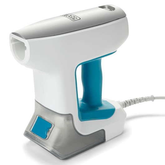 Photo of BLACK+DECKER BHSM15FX10 handheld garment steamer, white and blue, side angle on white background.