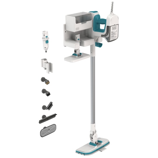 BLACKDECKER BHSM15FX10 steam mop with teal accents, long handle, and multiple cleaning attachments on white background.