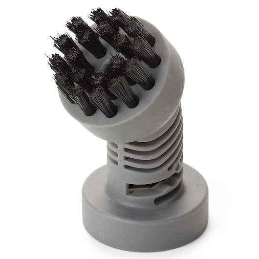 BLACKDECKER BHSM15FX10 gray round cleaning brush head with black bristles, photographed on white background.