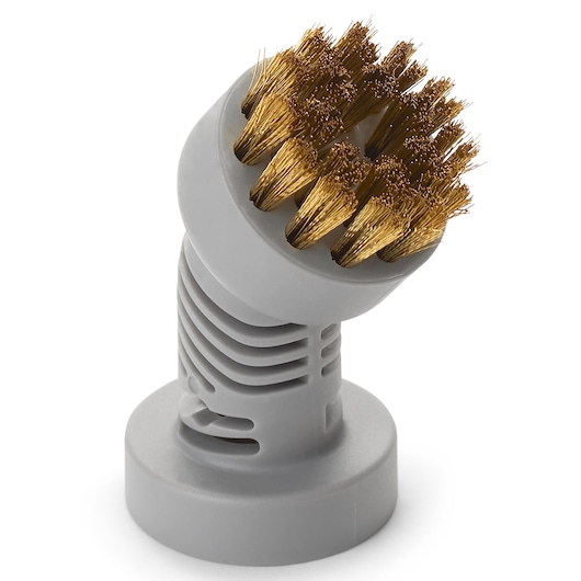 BLACK+DECKER BHSM15FX10 brass scrubbing brush attachment, gray plastic base, photographed at an angle on white background.