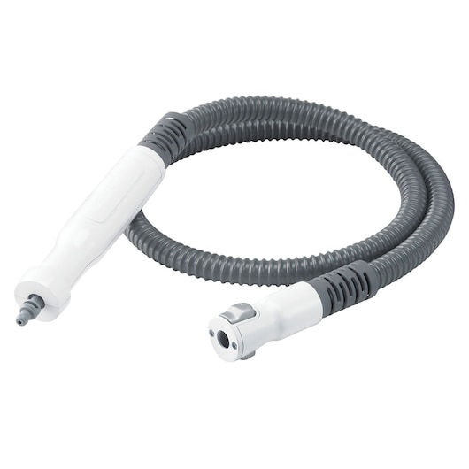 BLACKDECKER BHSM1615DSM steam cleaner hose with white handles and grey flexible tubing, studio angle.