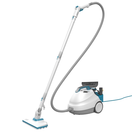 BLACKDECKER BHSMP2314 steam cleaner with white body, blue accents, long hose, and floor attachment on white background.