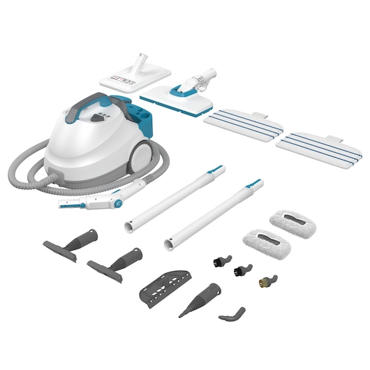 BLACKDECKER BHSMP2314 steam cleaner with multiple attachments and accessories on white background, side angle