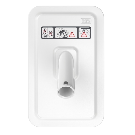 BLACK+DECKER BHSMP2314 white rectangular mop head, top view, with attachment socket and safety icons.