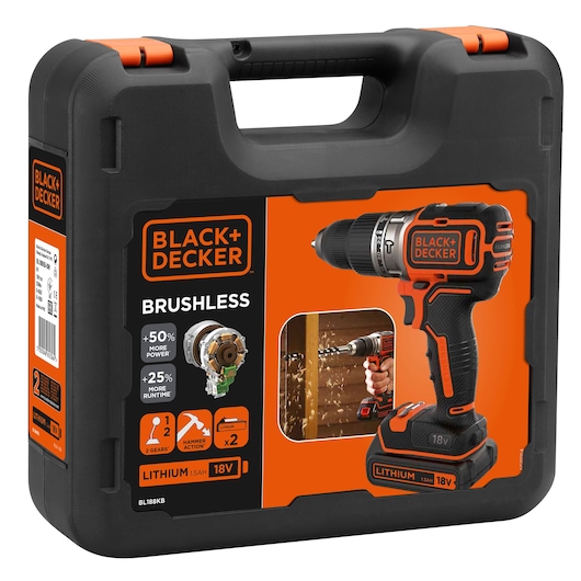 BLACK+DECKER BL188KB cordless brushless drill 18V in black carrying case, main view.