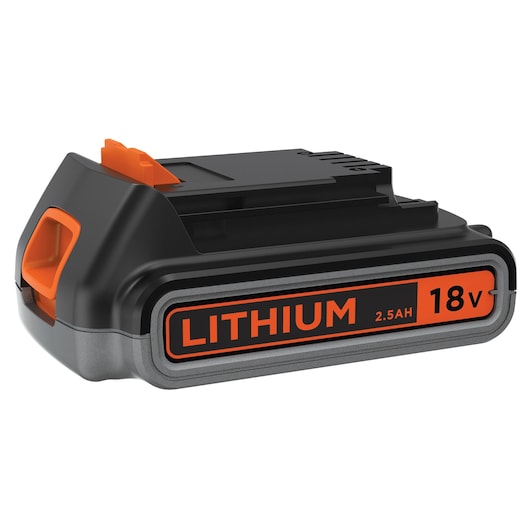A BLACK+DECKER 18V 2.5Ah lithium-ion rechargeable battery, featuring black, orange, and gray colors, used for powering tools.