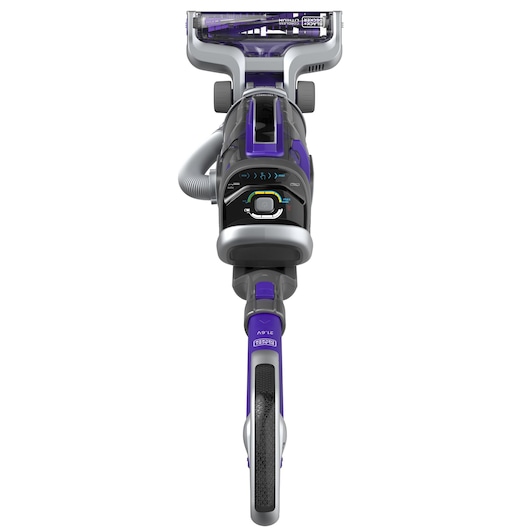 Front view of a BLACK+DECKER cordless vacuum cleaner with a purple and grey color scheme, showing the handle, control panel, and cleaning head.