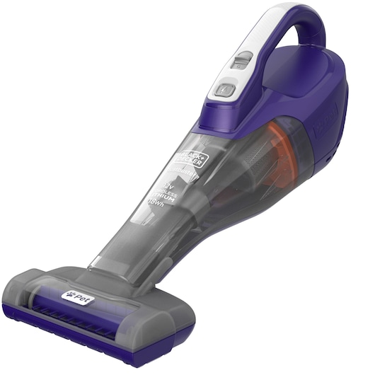 A BLACK+DECKER handheld cordless vacuum cleaner in dark purple and grey, designed for pet hair, with a special brush attachment and ergonomic handle.