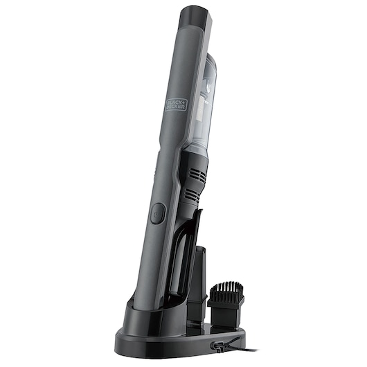 A BLACK+DECKER handheld cordless vacuum cleaner in a charging dock, shown upright with an accessory attached. The device is sleek, dark gray in color, and features a transparent dust container.