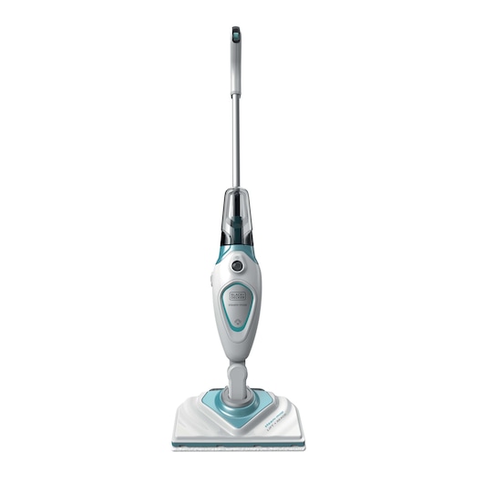 A BLACK+DECKER steam mop with a white and teal design, shown standing upright on a plain white background.