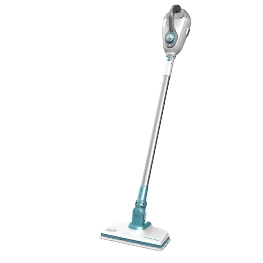 A Black+Decker steam mop with a long handle and a rectangular cleaning head, designed for floor cleaning, shown against a white background.