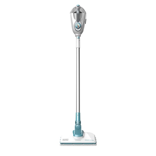 Front view of a BLACK+DECKER steam mop with a white and blue design, featuring a long handle, a rectangular cleaning head, and labeled 'steam-mop' on the base.