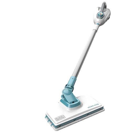 A BLACK+DECKER steam mop with a long handle, white and light blue design, shown on a white background.