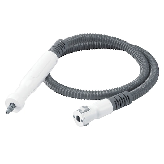 A flexible hose attachment for a BLACK+DECKER steam mop, featuring a gray corrugated tube with white connectors at both ends.