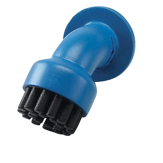 A close-up image of a blue and black round cleaning brush attachment, likely designed for use with a steam mop or cleaning device.