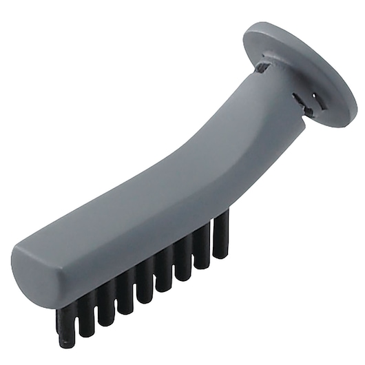 A close-up image of a BLACK+DECKER FSMH1300FX steam cleaner accessory brush, featuring a grey plastic handle and black bristles.