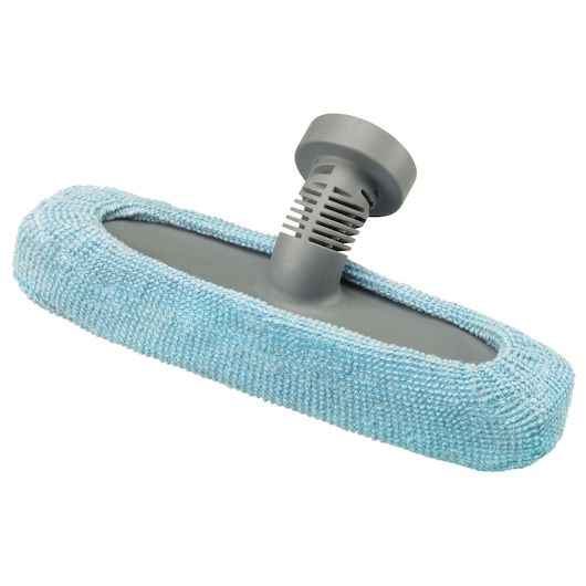 A close-up image of a BLACK+DECKER mop head attachment with a grey plastic base and a removable light blue microfiber cloth cover.