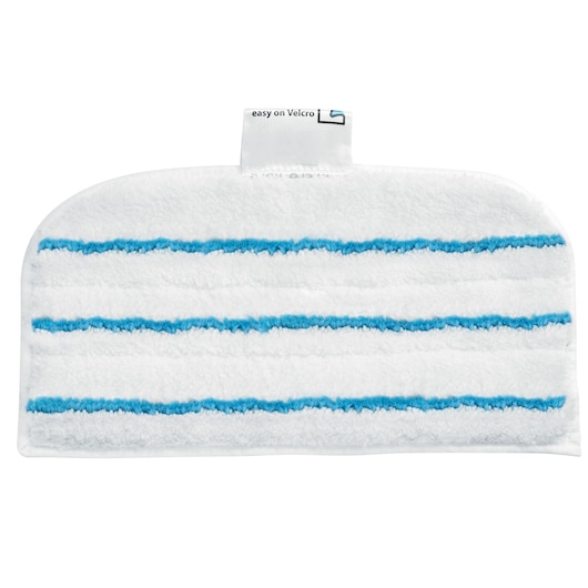 A microfiber mop pad with blue stripes and a white tab at the top, designed for use with a steam mop.
