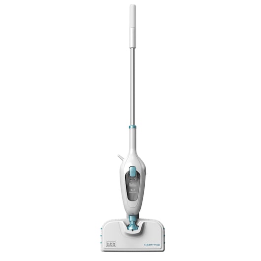 A BLACK+DECKER FSMH13E5 steam mop with a white and blue design, shown upright on a white background.