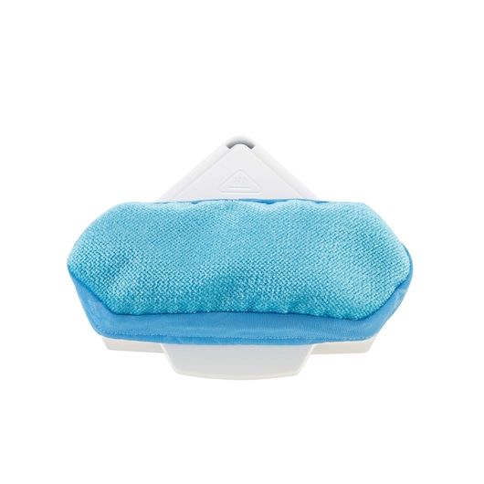 Close-up image of a BLUE microfiber cleaning pad attached to a triangular white plastic holder, used for BLACK+DECKER steam mops.
