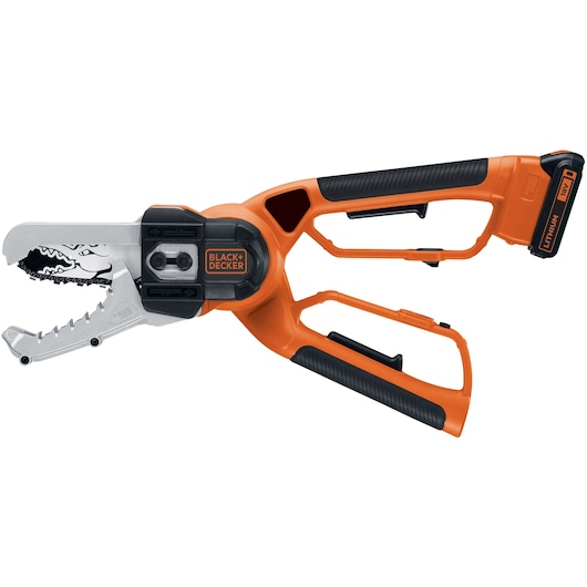 A BLACK+DECKER cordless battery-powered handheld chainsaw with an orange and black body, featuring a jaw-style cutting mechanism designed for pruning branches.
